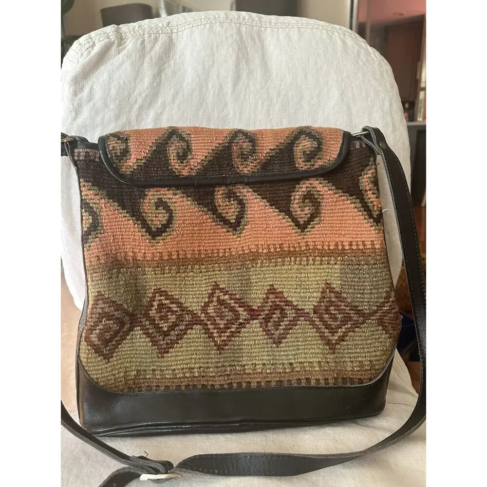 Vintage Purse Woven Jute Leather Crossbody Black Brown Rug Kilim Messenger Bag - Picture 8 of 16